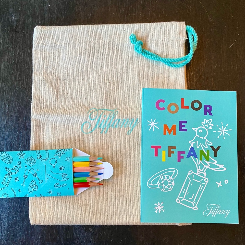 Tiffany & Co. New, canvas pull string bag with coloring book and colored pencils